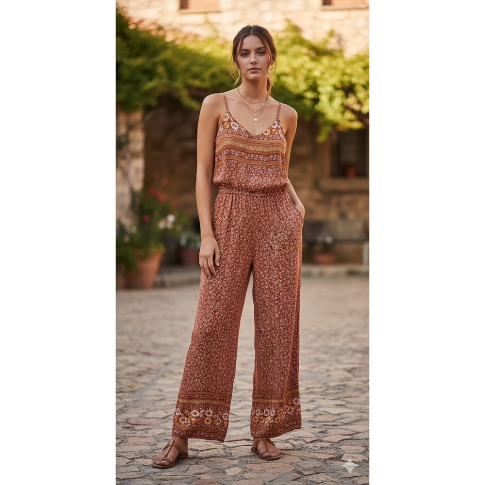 Easel Los Angeles Women's Med Floral Wide Leg Jumpsuit Romper Rust Rayon Boho